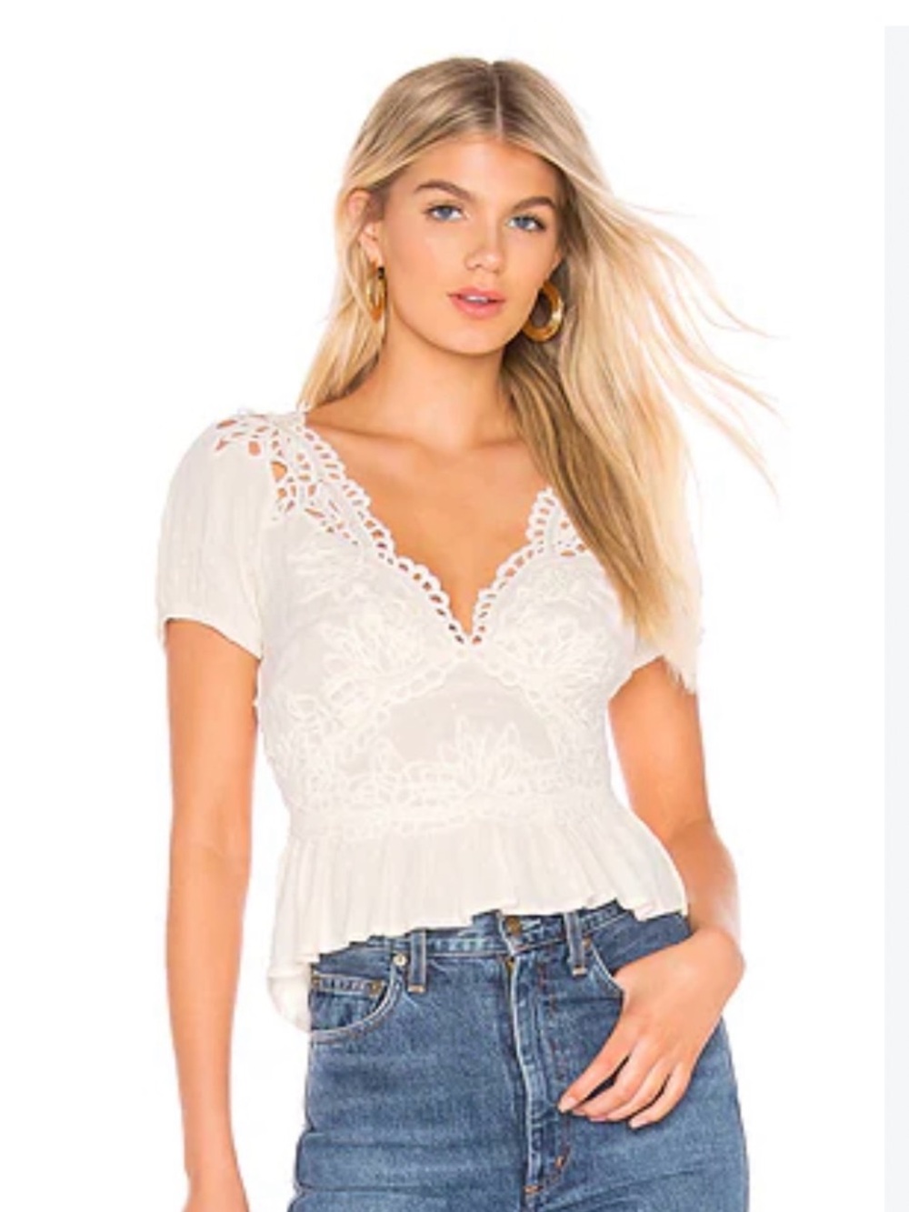 Free People Ivory Embroidered Lace Peplum Blouse – XS